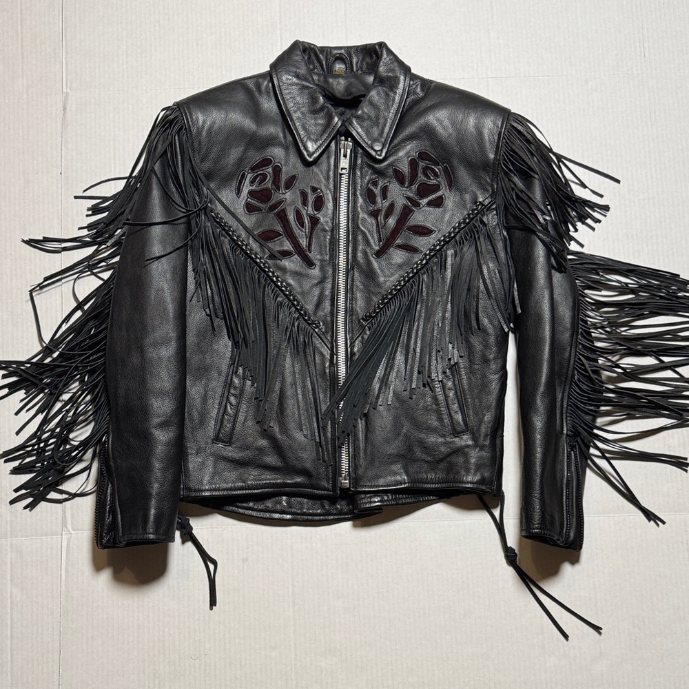 Vintage Black Leather Fringe Jacket with Floral Appliqué